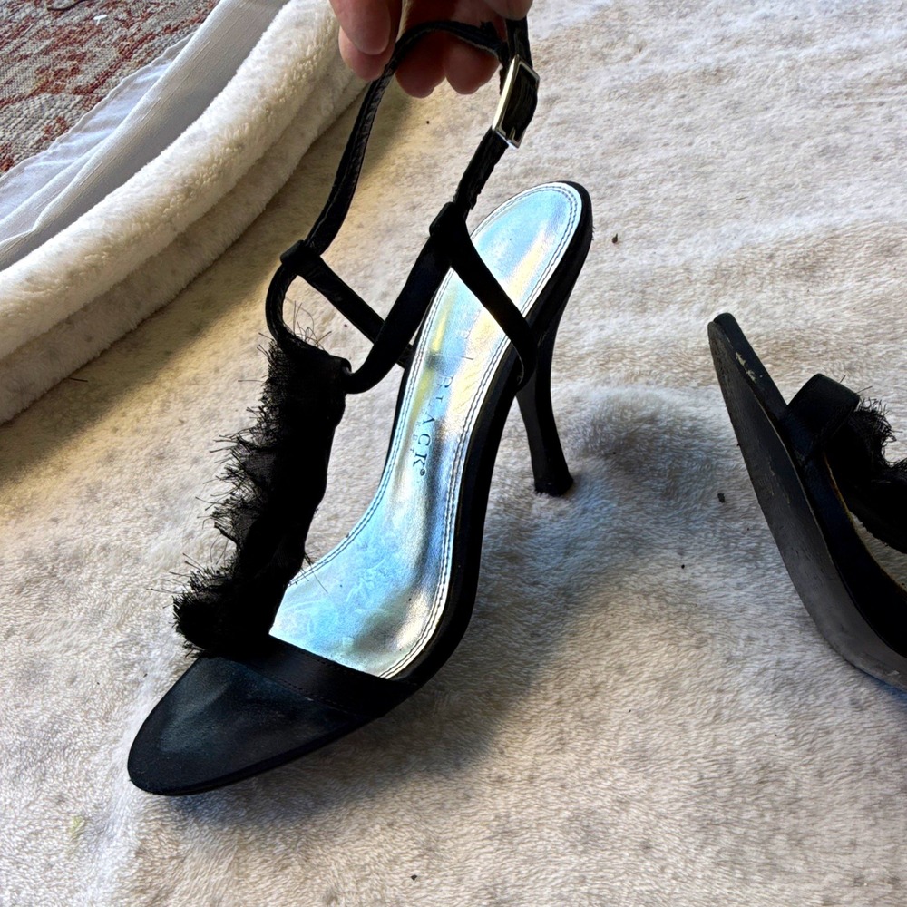 White House Black Market Black Fabric Strappy Stiletto Pointed Toe Heels 6.5